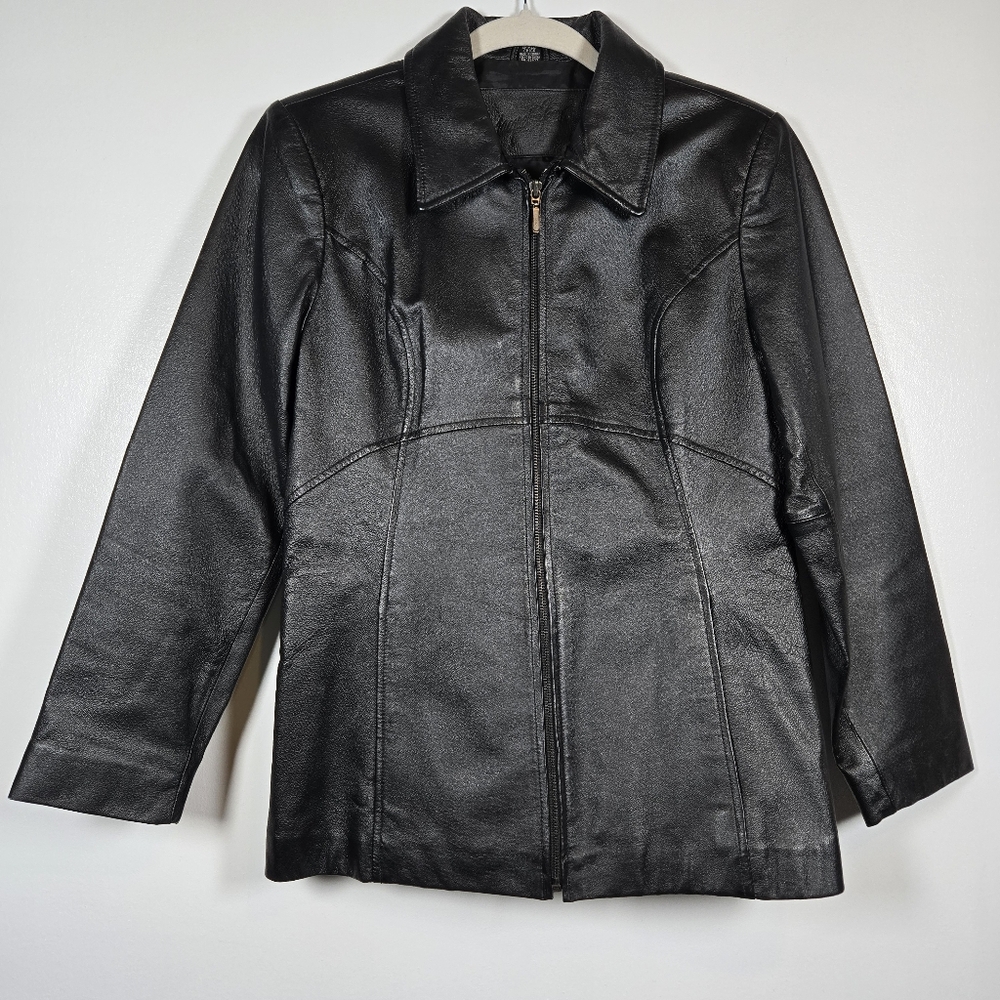 Jacqueline Ferrar Black Genuine Leather Zip Front Jacket Size Petite Small